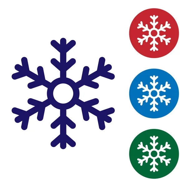Μπλε νιφάδα χιονιού απομονωμένη σε λευκό φόντο. Ορισμός εικονιδίων χρώματος σε κουμπιά κύκλου. Εικονογράφηση διανύσματος — Διανυσματικό Αρχείο