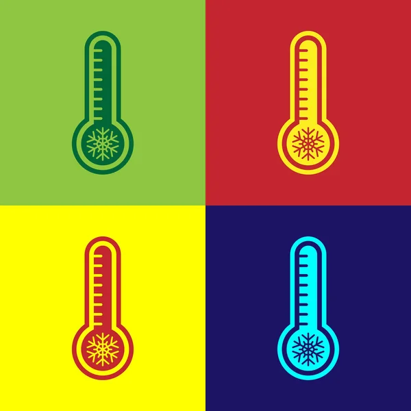 彩色气象温度计测量在彩色背景下隔离的冷热图标 显示炎热或寒冷天气的温度计设备 病媒图解 — 图库矢量图片
