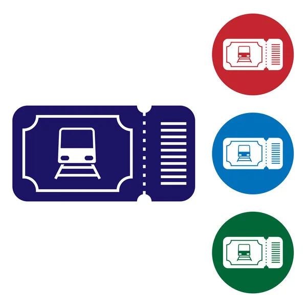 Μπλε τρένο εισιτήριο εικονίδιο απομονώνονται σε λευκό φόντο. Ταξιδεύοντας σιδηροδρομικώς. Ορισμός εικονιδίων χρώματος σε κουμπιά κύκλου. Εικονογράφηση διανύσματος — Διανυσματικό Αρχείο