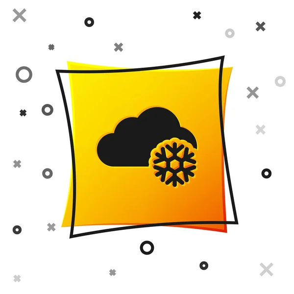 Black Cloud with snow icon isolated on white background. Cloud with snowflakes. Single weather icon. Snowing sign. Yellow square button. Vector Illustration — Stock Vector