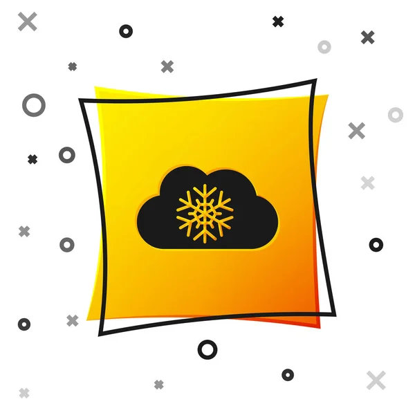 Nube negra con icono de nieve aislado sobre fondo blanco. Nube con copos de nieve. Icono de tiempo único. Signo de niebla. Botón cuadrado amarillo. Ilustración vectorial — Archivo Imágenes Vectoriales