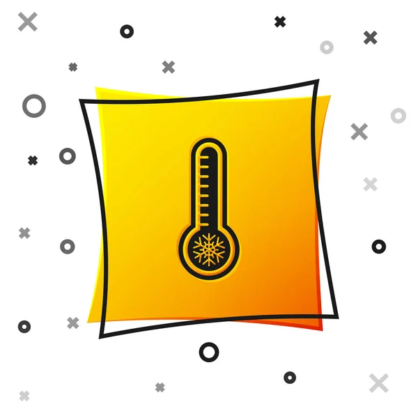Black Meteorology thermometer measuring heat and cold icon isolated on white background. Thermometer equipment showing hot or cold weather. Yellow square button. Vector Illustration — Stock Vector