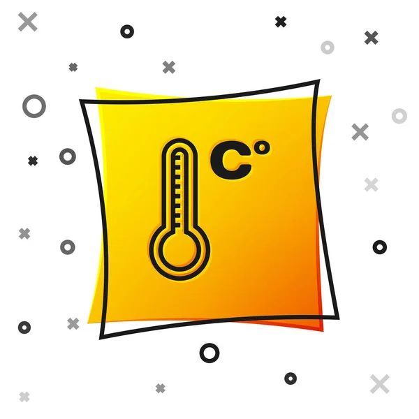 Thermomètre météorologique noir mesurant la chaleur et l'icône froide isolé sur fond blanc. Température Celsius. Bouton carré jaune. Illustration vectorielle — Image vectorielle