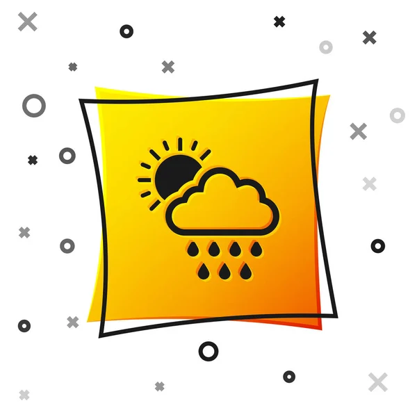 Zwarte Wolk met regen en zon pictogram geïsoleerd op witte achtergrond. Regenwolk neerslag met regendruppels. Gele vierkante knop. Vector Illustratie — Stockvector