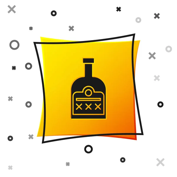Černý alkohol nápoj Rum láhev ikona izolované na bílém pozadí. Žlutý knoflík. Vektorová ilustrace — Stockový vektor