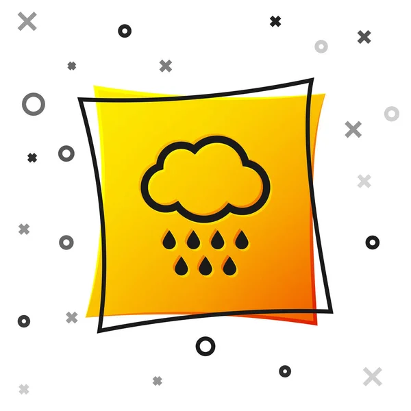 Svart moln med regn ikon isolerad på vit bakgrund. Regn moln nederbörd med regndroppar. Gult fyrkantigt knapp. Vektor Illustration — Stock vektor