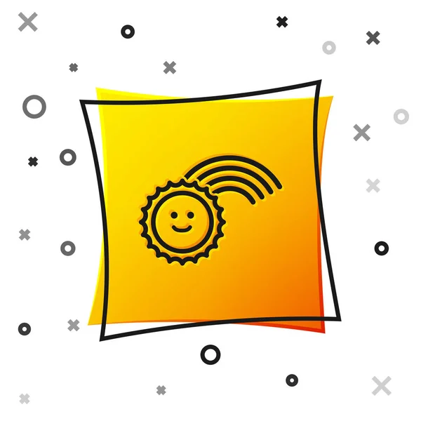 Arco iris negro con icono del sol aislado sobre fondo blanco. Botón cuadrado amarillo. Ilustración vectorial — Archivo Imágenes Vectoriales