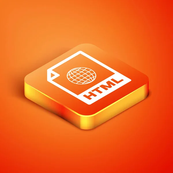 ISometric HTML 파일 문서. HTML 버튼 아이콘을 오렌지 배경에서 분리하여 다운로드합니다. HTML 파일 심볼. 언어를 표시하는 것입니다. 벡터 일러스트 — 스톡 벡터