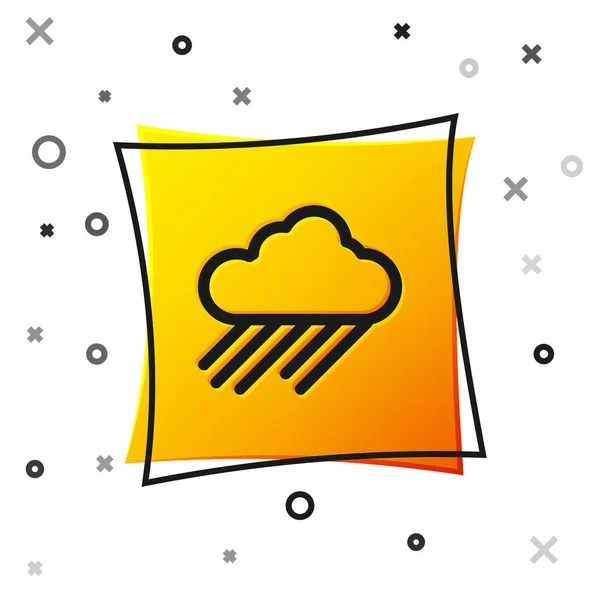 Zwarte Wolk met regenpictogram geïsoleerd op witte achtergrond. Regenwolk neerslag met regendruppels. Gele vierkante knop. Vector Illustratie — Stockvector