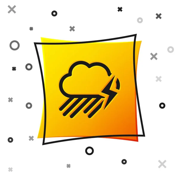 Nube negra con la lluvia y relámpago icono aislado sobre fondo blanco. Precipitación de nubes de lluvia con gotas de lluvia.Icono meteorológico de la tormenta. Botón cuadrado amarillo. Ilustración vectorial — Vector de stock