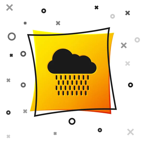 Zwarte Wolk met regenpictogram geïsoleerd op witte achtergrond. Regenwolk neerslag met regendruppels. Gele vierkante knop. Vector Illustratie — Stockvector