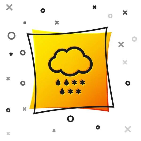 Nuvem Negra com ícone de neve e chuva isolado no fundo branco. Ícone meteorológico. Botão quadrado amarelo. Ilustração vetorial — Vetor de Stock