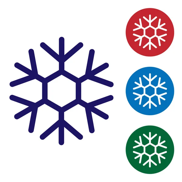 Blauwe Sneeuwvlok pictogram geïsoleerd op witte achtergrond. Zet kleurpictogrammen in cirkelknoppen. Vector Illustratie — Stockvector