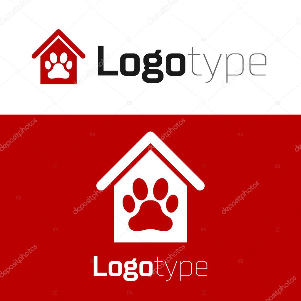 Red Dog house and paw print pet icon isolated on white background. Dog kennel. Logo design template element. Vector Illustration