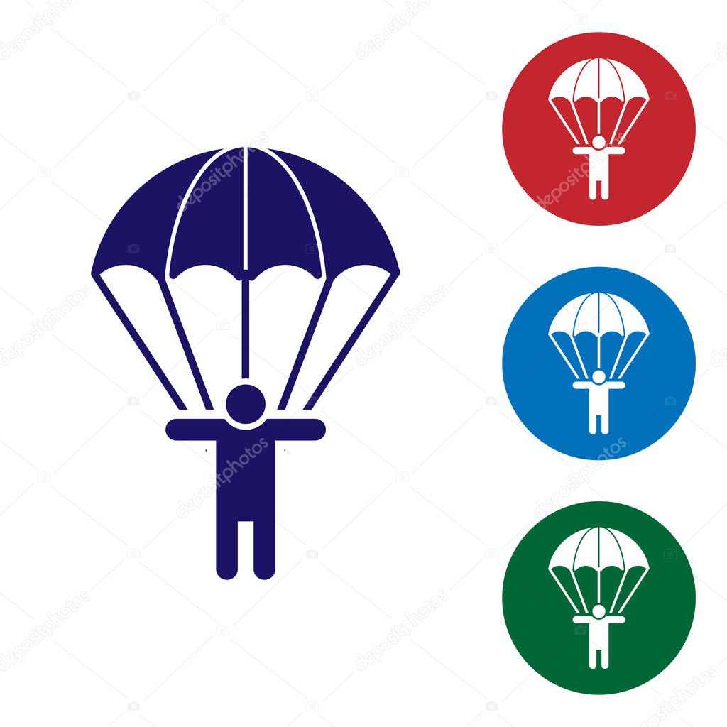 Blue Parachute and silhouette person icon isolated on white background. Set color icons in circle buttons. Vector Illustration