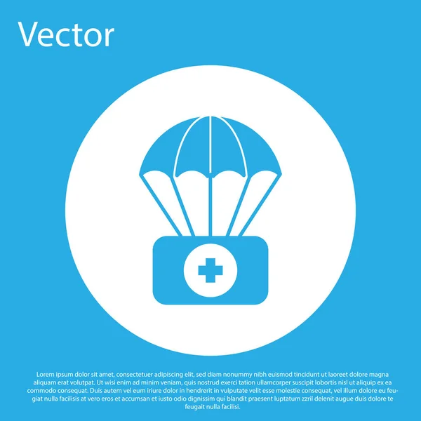 Blauer Fallschirm Mit Verbandskasten Symbol Isoliert Auf Blauem Hintergrund Krankenversicherung — Stockvektor