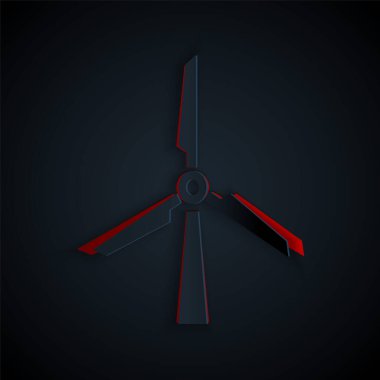 Kağıt kesiği Rüzgar türbini simgesi siyah arkaplanda izole edildi. Rüzgar jeneratörü işareti. Yel değirmeni silueti. Elektrik üretimi için yel değirmeni. Kağıt sanatı tarzı. Vektör İllüstrasyonu