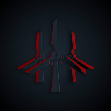 Kağıt kesiği Rüzgar türbinleri simgesi siyah arkaplanda izole edildi. Rüzgar jeneratörü işareti. Yel değirmeni silueti. Elektrik üretimi için yel değirmenleri. Kağıt sanatı tarzı. Vektör İllüstrasyonu