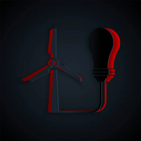 Papel Cortado Lâmpada Luz Com Turbina Eólica Como Ideia Eco — Vetor de Stock