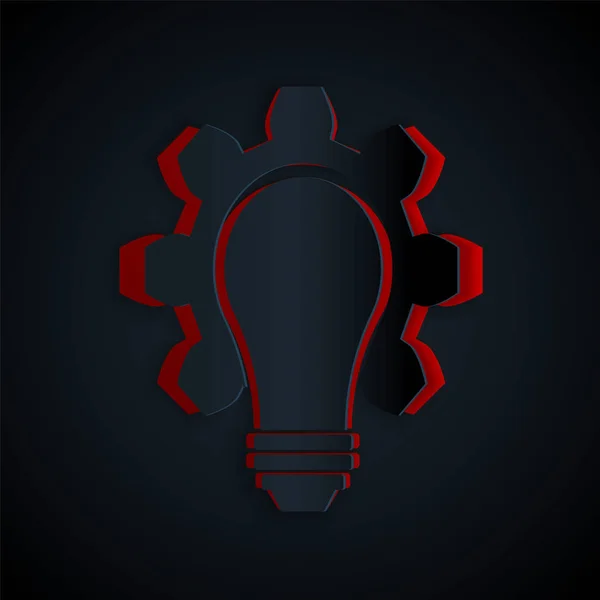 Papiergeschnittene Glühbirne Und Getriebesymbol Isoliert Auf Schwarzem Hintergrund Innovationskonzept Geschäftsidee — Stockvektor
