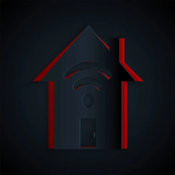 Papiergeschnittenes Smart Home Mit Wlan Symbol Isoliert Auf Schwarzem Hintergrund — Stockvektor