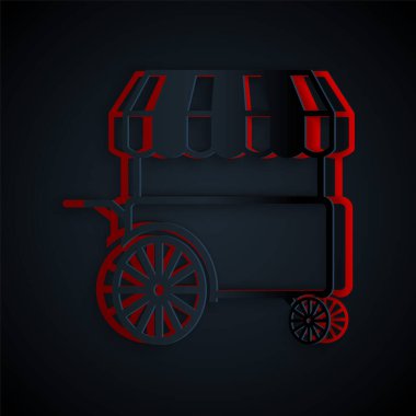 Kağıt kesiği Fast Street yemek arabası ve siyah arka planda tente ikonu var. Şehir büfesi. Kağıt sanatı tarzı. Vektör İllüstrasyonu