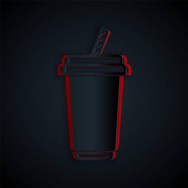 Kağıt kesiği, siyah zemin üzerinde su ikonu olan cam. Soda bardağı ve pipet içmek. Taze soğuk içecek sembolü. Kağıt sanatı tarzı. Vektör İllüstrasyonu
