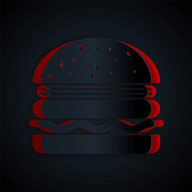 Kağıt kesiği Burger simgesi siyah arkaplanda izole edilmiş. Hamburger ikonu. Çizburger sandviç tabelası. Kağıt sanatı tarzı. Vektör İllüstrasyonu