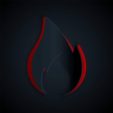 Kağıt kesiği Ateş alev simgesi siyah arkaplanda izole. Isı sembolü. Kağıt sanatı tarzı. Vektör İllüstrasyonu