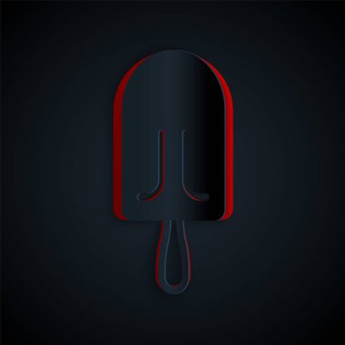 Kağıt kesikli dondurma ikonu siyah arka planda izole edilmiş. Güzel sembol. Kağıt sanatı tarzı. Vektör İllüstrasyonu