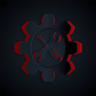 Kağıt kesiği Bakım sembolü - siyah arka planda izole edilmiş dişli ikonunda anahtar ve tornavida. Servis aracı sembolü. Kağıt sanatı tarzı. Vektör İllüstrasyonu