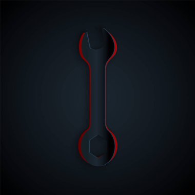 Kağıt kesiği simgesi siyah arkaplanda izole edildi. Anahtar tamir aleti. Servis aracı sembolü. Kağıt sanatı tarzı. Vektör İllüstrasyonu