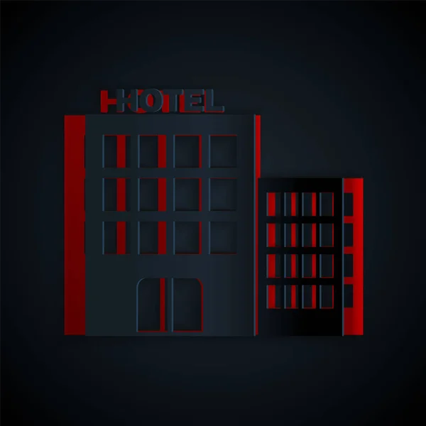 Papiergeschnittene Hotelbau Ikone Isoliert Auf Schwarzem Hintergrund Papierkunst Vektorillustration — Stockvektor