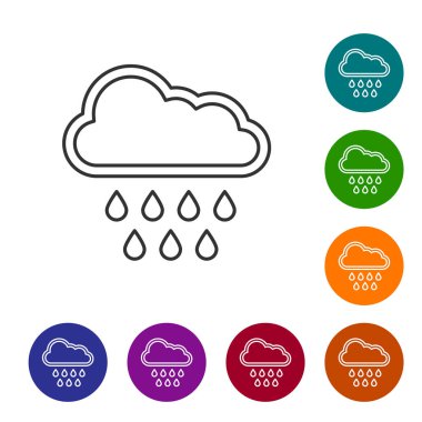 Beyaz arka planda izole edilmiş yağmur ikonu olan gri çizgi bulutu. Yağmur damlaları ile yağmur bulutu yağışı. Simgeleri renk daire düğmelerine ayarla. Vektör İllüstrasyonu