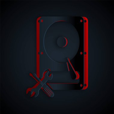 Kağıt kesikli sabit disk sürücüsü ve siyah arkaplanda izole edilmiş anahtar simgesi. Ayarlama, servis, ayar, bakım, onarım, onarım. Kağıt sanatı tarzı. Vektör İllüstrasyonu