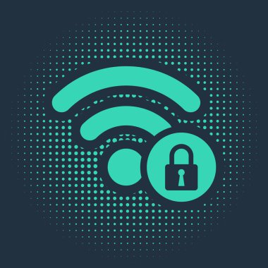 Yeşil Wifi mavi arkaplanda işaret simgesini kilitledi. Şifre kablosuz ağ sembolü. Kablosuz ağ simgesi. Karı bölgesi. Soyut çember rastgele noktalar. Vektör İllüstrasyonu