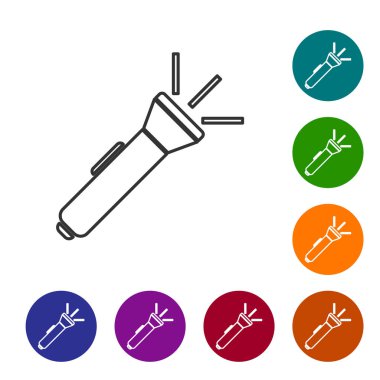 Gri çizgi el feneri simgesi beyaz arkaplanda izole edildi. Simgeleri renk daire düğmelerine ayarla. Vektör İllüstrasyonu