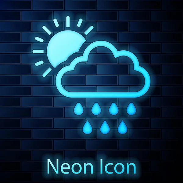 Glödande Neon Moln Med Regn Och Sol Ikonen Isolerad Tegelvägg — Stock vektor