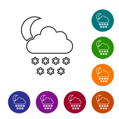 Beyaz zemin üzerinde kar ve ay ikonu olan gri çizgi bulutu. Kar taneli bulut. Tek hava ikonu. Kar tabelası. Simgeleri renk daire düğmelerine ayarla. Vektör İllüstrasyonu