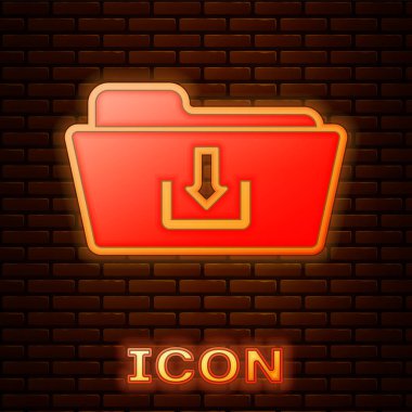 Parlayan Neon klasör indir simgesi tuğla duvar arka planda izole. Vektör Illustration