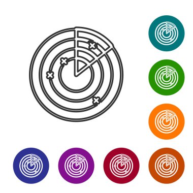 Gri çizgi Radar, beyaz arkaplanda izole edilmiş ikonu ararken ekranda hedefler var. Askeri arama sistemi. Donanma sonarı. Simgeleri renk daire düğmelerine ayarla. Vektör İllüstrasyonu