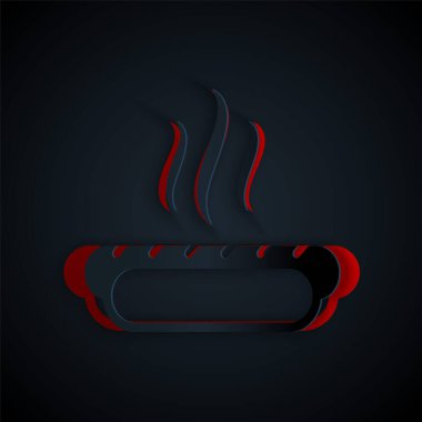 Kağıt kesilmiş Hotdog sandviçi. Siyah arka planda hardal simgesi var. Sosis ikonu. Fast food burcu. Kağıt sanatı tarzı. Vektör İllüstrasyonu