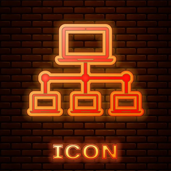 Glowing Neon Computer Network Icon Isolated Brick Wall Background Laptop — Stock Vector