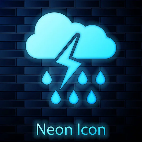 Świecący Neon Chmura Deszczem Ikoną Pioruna Izolowane Tle Cegły Ściany — Wektor stockowy