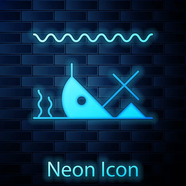 Świecący Neon Zatopiony Statek Dnie Ikony Morskiej Odizolowany Ceglanym Tle — Wektor stockowy