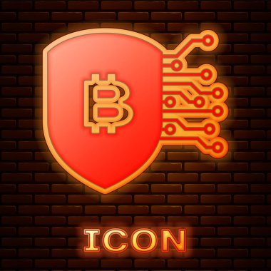 Duvarda izole edilmiş bitcoin ikonu ile parlayan neon kalkanı. Kripto para madenciliği, engelleme teknolojisi, güvenlik, koruma, dijital para. Vektör İllüstrasyonu