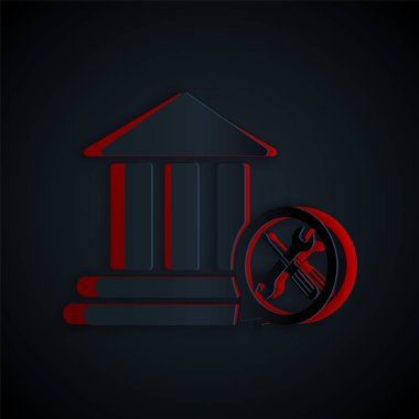 Siyah zemin üzerinde tornavida ve ingiliz anahtarı simgesi olan kağıt kesimi banka binası. Ayarlama, servis, ayar, bakım, onarım, onarım. Kağıt sanatı tarzı. Vektör İllüstrasyonu