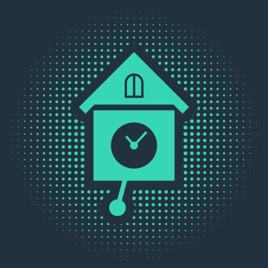 Yeşil Retro duvar izleme simgesi mavi arkaplanda izole edildi. Guguklu saat işareti. Antika sarkaçlı saat. Soyut çember rastgele noktalar. Vektör İllüstrasyonu