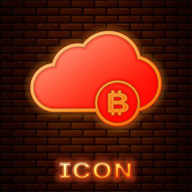 Parlayan neon Cryptocurrency bulut madenciliği simgesi tuğla duvar arka planda izole. Blockchain teknolojisi, bitcoin, dijital para piyasası, kripto para cüzdanı. Vektör İllüstrasyonu