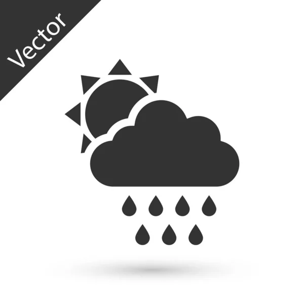 Grey Cloud with rain and sun icon isolated on white background. Rain cloud precipitation with rain drops.  Vector Illustration